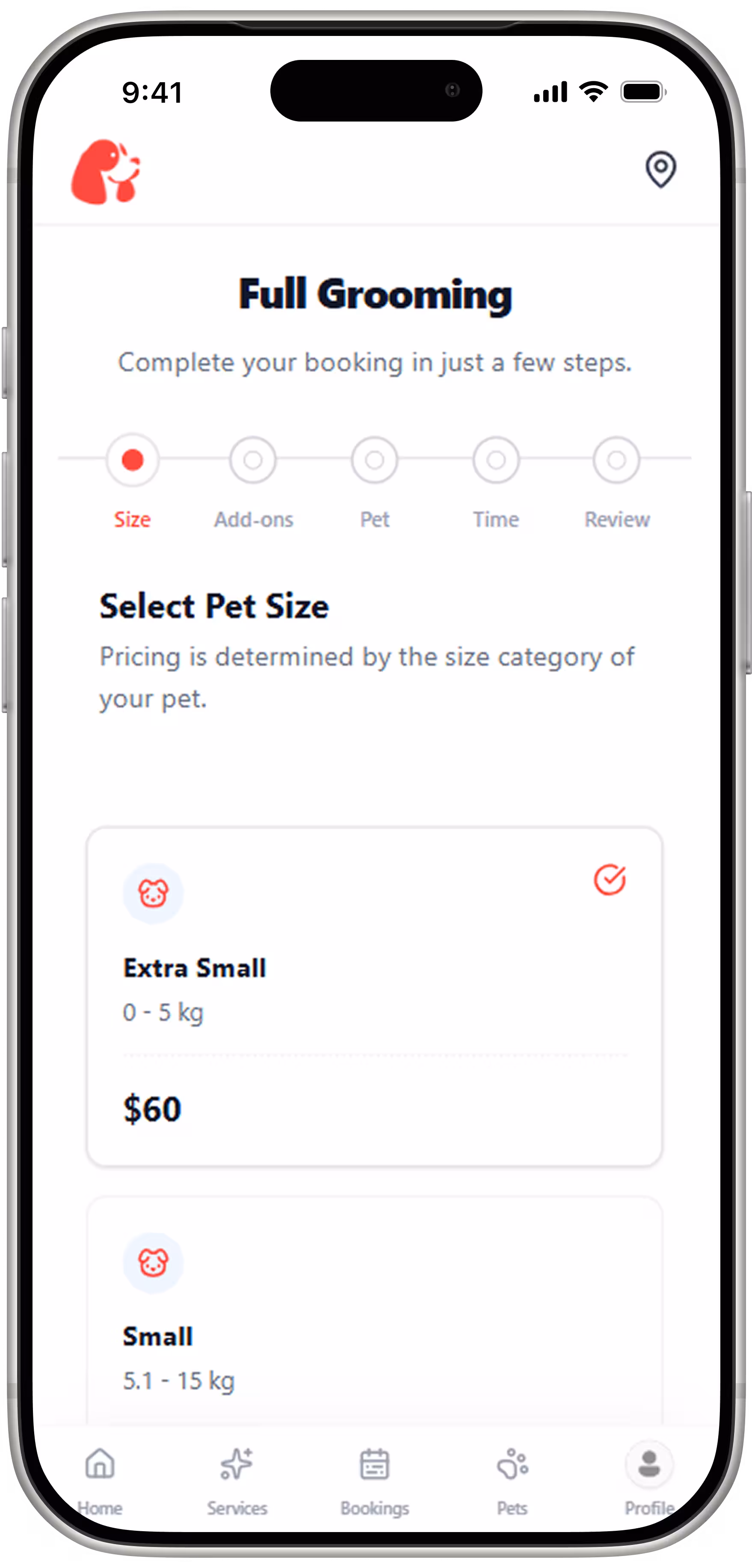Smart Size-Based Pricing: An intelligent selection tool that dynamically adjusts the service quote based on the pet's size category (Small, Medium, Large), ensuring accurate and fair pricing for every breed.
