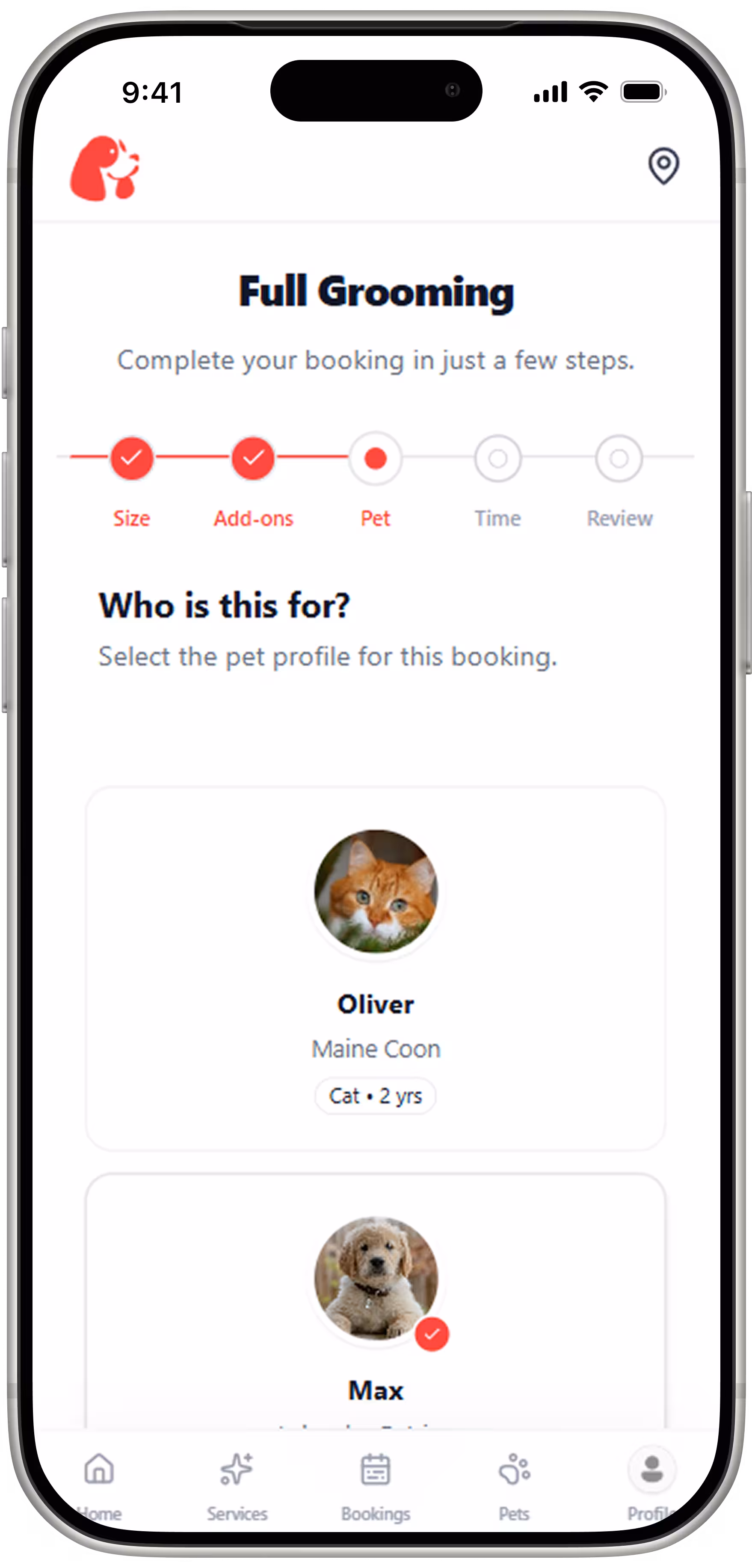 Contextual Pet Selection: A seamless flow that allows users to easily assign the booking to a specific pet profile, ensuring the groomer or walker knows exactly which furry friend they will be caring for.